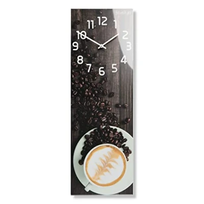 Imagen de FLEXISTYLE Reloj de pared rectangular 20 x 60 cm, cristal, con impresión directa para cocina, moderno, alargado, sin ruido tictac, taza café
