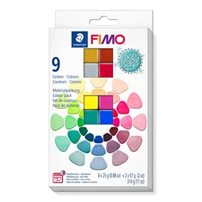 Imagen de STAEDTLER 8013 C10 1 FIMO Effect Colour Pack Arcilla polimérica para modelar de secado al horno. &quot;Mixing mica&quot; con 2 pastillas 57g y 8 medias 25g (colores surtidos), folleto mezclas, instrucciones