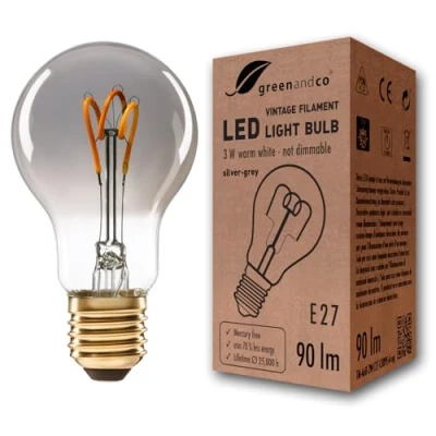 Imagen de Bombilla de filamento LED greenandco® Vintage gris plata E27 A60 3W 90lm 1800K (blanco cálido) 360 230V vidrio, no regulable