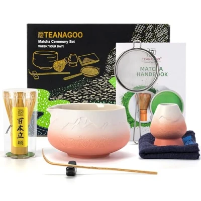 Imagen de TEANAGOO Batidor de Matcha Japonés (7pcs) Juego Mtacha Kit con pico vertedor de.N35,Gradiente Rosa Blanco