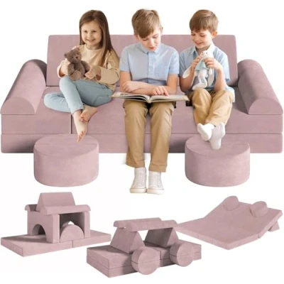 Imagen de sofá infantil modular de 14 piezas, espuma, bloques construcción, juegos para niños y sillones infantiles, rincón acogedor en la habitación los niños, jugar, ser
