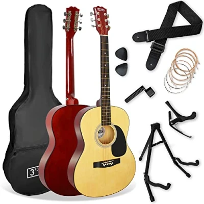 Imagen de 3rd Avenue Pack de guitarra acústica tamaño estándar 4/4 para principiantes Avenue, funda transporte, púas, cuerdas repuesto, soporte, correa y cejilla, Natural