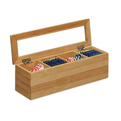 Imagen de Relaxdays Caja para té e infusiones, Cuatro Compartimentos, Estrecho, Ventana de plástico, Pequeño, Rectangular, Marrón, 9 x 30 cm, Madera