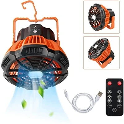 Imagen de Ventilador USB para Camping, Solar de Techo Recargable 3 Velocidades Regulable Mesa con Luz LED Mando a Distancia Brillos Iluminación Gancho Plegable