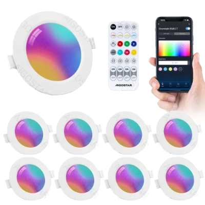 Imagen de Aigostar Downlight Empotrable LED RGB 6W, Foco Techo Inteligente Regulable Colores Compatible con Alexa Bluethooth Mesh, Control Remoto, Luz Blanco 2700 6500K, 600LM, Ф100 110mm, 8 Uds