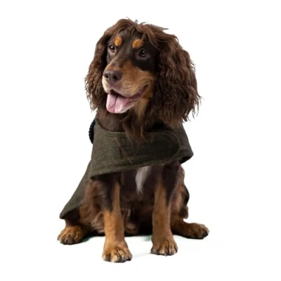 Imagen de HUGO &amp; HUDSON x Hackett Chaqueta de Tweed para Perro, Abrigo Invierno cálido con Cuello Pana, Cuadros Verde Oscuro en Espiga, XS25