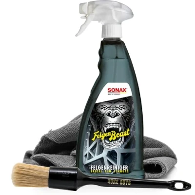 Imagen de detailmate Juego de limpiador llantas Sonax Beast 1 L + cepillo limpieza Nuke Guys paño microfibra todoterreno 40 x cm, 380 g/m² guantes protección