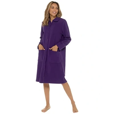 Imagen de Undercover Albornoz de forro polar suave con cremallera para mujer, bata ribete satén UK 10 28, rosa, morado, azul, lila y Morado (Collar), 18 20