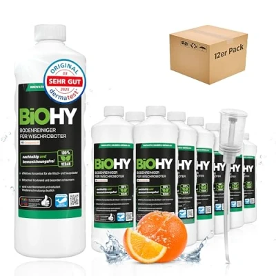 Imagen de BiOHY Limpia suelos para robots de limpieza con aroma a naranja (12 botellas 1 litro) + Dosificador Concentrado todos los sin espuma y rayas