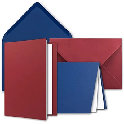 Imagen de Paquete de tarjetas DIN A6 + C6 en rojo oscuro y azul 30 dobles sobres con 50 hojas plegables Juego incluye caja regalo