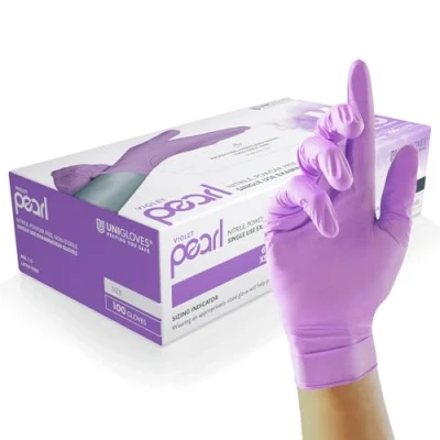 Imagen de UNIGLOVES Violet Pearl Guantes de examen nitrilo desechables multiuso, sin polvo y látex Caja 100 guantes, color violeta, extra grandes (GP0075)