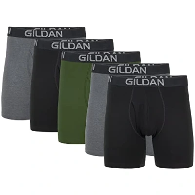 Imagen de Gildan Calzoncillos Tipo bóxer elásticos de algodón, múltiple Ropa Interior Hombres, Gris Oscuro Jaspeado/hollín Negro/Verde Medianoche (Paquete 5, Pierna Regular), L (Pack 5)