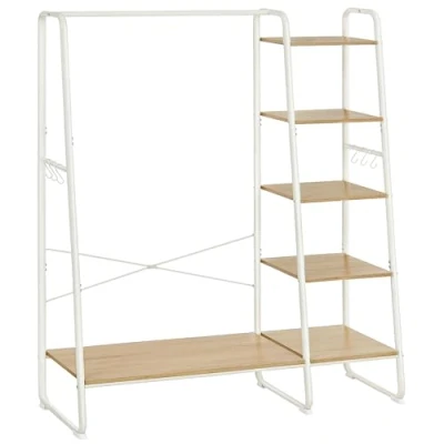 Imagen de VASAGLE Burro Perchero, Perchero con Zapatero, 5 Estantes de Almacenamiento, 6 Ganchos Laterales, Dormitorio, Sala Estar, Pasillo, Diseño Industrial, Roble y Blanco Mate RGR116W09