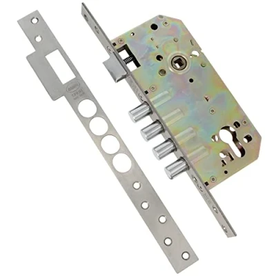 Imagen de Amig Cerradura de Embutir Con Bulones para Puertas Madera Mod. 100 BASE 50/85 mm Sin Cilindro y Escudo Seguridad Picaporte Reversible Acero Latonado Barnizado