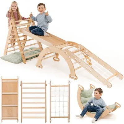 Imagen de Andamio de escalada para interiores 5 en 1 niños pequeños Escalera triangular, arco y rampa red, cojín, marco Montessori, parque infantil madera,