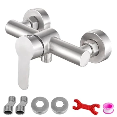 Imagen de grifo de ducha acero inoxidable montado en la pared, mezclador ducha, control manual, interruptor válvula fontanería, baño para agua fría y caliente