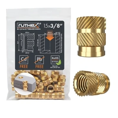 Imagen de ruthex Inserto roscado de 3/8 pulgadas (UNC) 15 unidades RX 16x12.7 mm casquillos roscados latón Tuerca presión estable Utilizable por calor en piezas plástico 3D