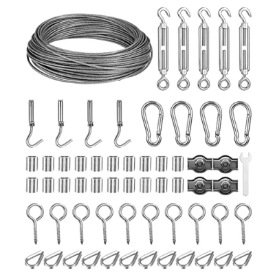 Imagen de 30m Φ2mm Kit Cable de Acero Inoxidable 304, Cuerda con Tensores Alambre y Ganchos, Para Tendedero Exterior, cortinas, toldos, Suspensión