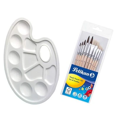 Imagen de Herlitz Paleta de mezcla con orificio para mango, plástico, 23,5 x 17 cm, color blanco (paleta + juego 10 pinceles)