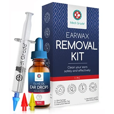Imagen de Medi Grade Kit de Jeringuilla para Limpieza Oídos con Aceite Oliva y 3x Puntas Suaves Sacar Cera Limpiador Reutilizable Limpia Casero Mejora la Audición