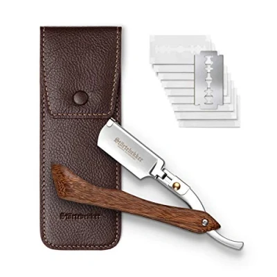Imagen de Störtebekker® navaja de afeitar con mango madera en estuche cuero incluido lápiz alumbre y 10 cuchillas Störtebekker Set (Madera Café)