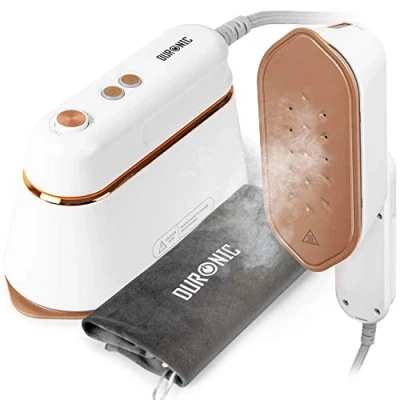 Imagen de Duronic HS90 WE plancha de vapor 2 en 1,2 ajustes vapor,Mango giratorio plegable, convertible a mano,blanco/oro rosa,jarra, bolsa y base resistente al calor incluida
