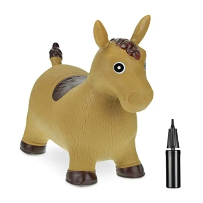 Imagen de Relaxdays Caballo Saltarín Hinchable, Juguete Saltador, con Hinchador, Resiste 50kg, sin BPA, Niños Desde 3 Años, Marrón, Madera, 46 x 25 53 cm