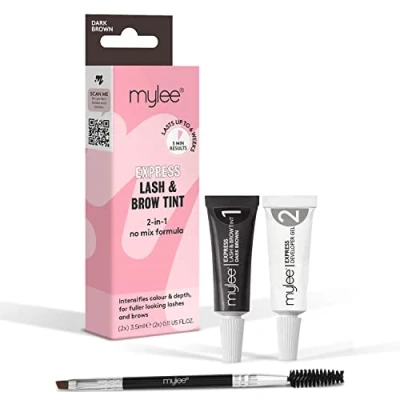 Imagen de Mylee Kit Express para Pestañas y Cejas Fórmula 2 en 1 Sin Mezcla, Tinte + Gel Revelador Pincel de Doble Cara, Profesional, Duradero, Semi Permanente, Rápido Fácil (Castaño Oscuro)