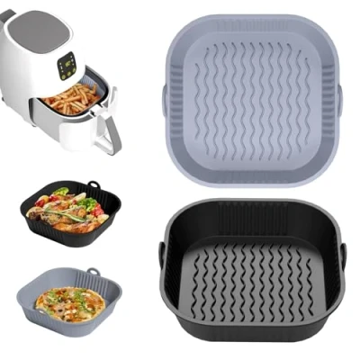 Imagen de Diboniur Molde Silicona Freidora de Aire, 2 Piezas Bandeja Recipientes para sin Aceite, Reutilizable Cuadrado Cesta Air Fryer, Microondas, Horno, Negro y Gris