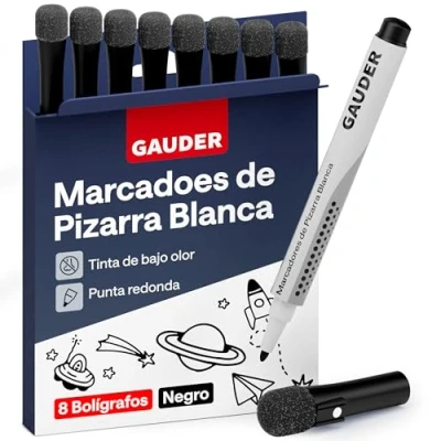 Imagen de GAUDER Set de Rotuladores para Pizarra Blanca (8 piezas negro) borrables en seco sin dejar residuos con esponja, ideales pizarras blancas y magnéticas