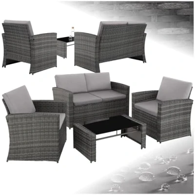 Imagen de TecTake® Conjunto Jardín de Ratán y Acero, Muebles Exterior, 2 Sillones, 1 Sofá, Mesa con Cristal, Terraza Resistente a Intemperie, Cojines, Fundas Extraíbles Gris/Gris Claro