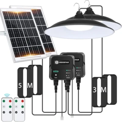 Imagen de Aigostar Lámpara solar exterior con mando a distancia y cuerda de tracción,cable 8 m,batería capacidad 6000 mAh,gran panel solar,IP65.Luz led para interior,jardín,camping,2 piezas