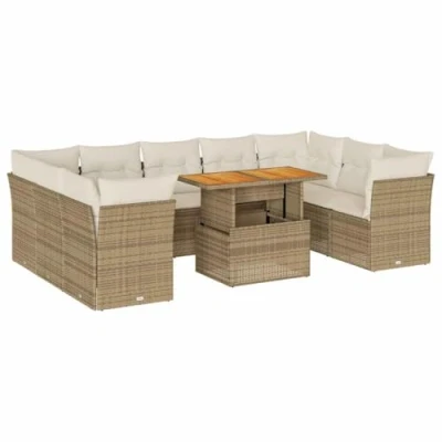Imagen de vidaXL Juego de Sofás Jardín con Cojines 10 pzas, Asientos Exterior, Modulares, Muebles para Terraza Balcón, Ratán Sintético Beige