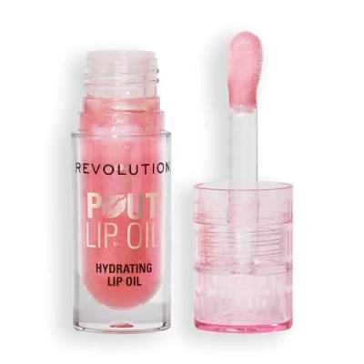 Imagen de Revolution, Aceite Labial Nutritivo Pout, de Labios con Color, Brillo Intenso, Acabado No Pegajoso, Vegano y Libre Crueldad Animal, Glam Pink Shimmer, 4ml