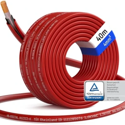 Imagen de hb digital 40m cable solar 4 mm2 certificado TÜV Rheinland H1Z2Z2 resistente a los rayos UV flexible, cobre puro 1500 V de extensión fotovoltaico para panel inversor rojo