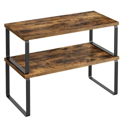 Imagen de SONGMICS Organizadores de Cocina, Juego 4 Estantes para Almacenamiento Gabinete, Apilables, Expandibles, Metal y Madera Ingeniería, Negro Tinta Marrón Rústico KCS022X01