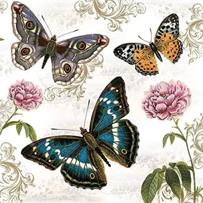 Imagen de Servietten Tiere 20 servilletas mariposas con adornos y flores, Animales, Primavera, Verano, Pascua, Decoración de mesa 33 x cm
