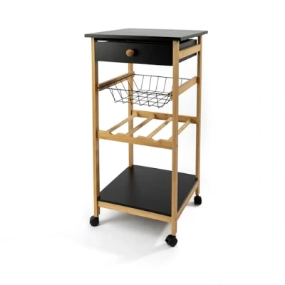 Imagen de LIN HOME Carrito de Cocina Auxiliar Madera y Bambu 35x36x74.5cm con Ruedas, 2 Estantes + 1 Cesta Extraibles Cajon Botellero Color Natural Negro