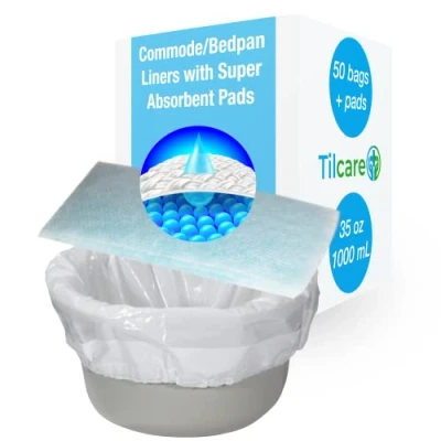 Imagen de Tilcare Paquete de 50 Protectores orinales con Almohadillas Superabsorbentes para Inodoros portátiles y sillas inodoro estándar adultos desechables Absorben hasta 1000ml