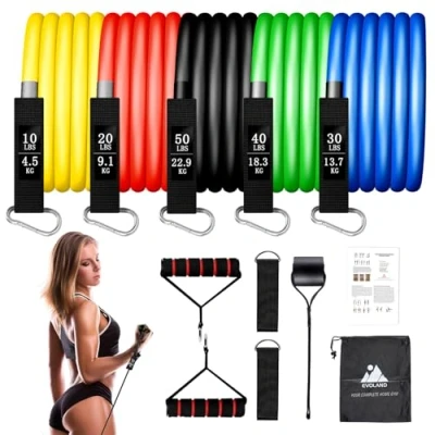 Imagen de EVOLAND Juego de Bandas Resistencia, Ejercicio para Entrenamientos en casa con 5 Tubos Resistencia Fitness, 2 Asas Espuma, Correas Tobillo, 1 Anclaje Puerta, Bolsa
