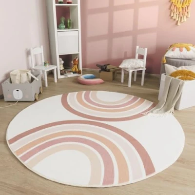 Imagen de TT Home Alfombra Habitación Infantil De Juego Bebe Lavable Arcoíris Sol Moderna, Color:RosaBeigeRosa, Tamaño:160 cm Redondo