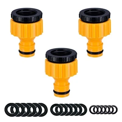 Imagen de YAAVAAW Paquete de 3 conectores grifo manguera jardín, conector roscado BSP para adaptador 2 en 1 3/4 y 1/2 pulgadas (viene con 18 arandelas sellado reemplazo)