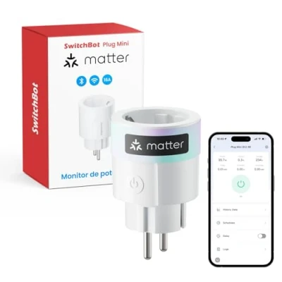 Imagen de SwitchBot Matter Plug Mini con monitor de energía, control por Wi Fi y Bluetooth, compatible Alexa, Google Home, SmartThings Home Assistant, voz acceso remoto a la aplicación, 16A