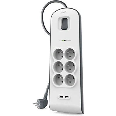 Imagen de Belkin BSV604ca2m Regleta de protección contra sobretensiones (6 Tomas, 650J, Cable 2 m, Puertos USB), Color Blanco y Gris