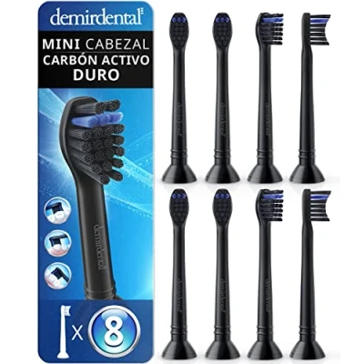Imagen de Pack con 8 cabezales demirdental compatibles los recambios de Philips Sonicare carbón activo, mini, cepillos dureza duro, Negro, corresponde a HX4088b