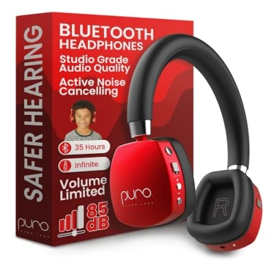 Imagen de Puro Sound Labs PuroQuiet Plus Volume Limited Auriculares Bluetooth con cancelación activa de ruido para niños, micrófono integrado, sonido más seguro, calidad estudio (rojo)