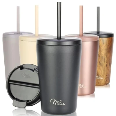 Imagen de Milu Termo Cafe 300ml, 400ml, 500ml Vaso Termico Antigoteo, Taza Termica acero inox sin BPA, Insulated Mug para llevar (Black, 400ml)