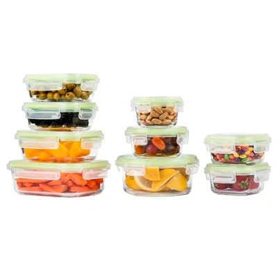 Imagen de Home Fleek Recipientes De cristal Para Alimentos Hermeticos Con Tapa Tapers Comida Hermetico, Ahorro Espacio Microondas, Horno Y Congelador (Pack 9, Verde)