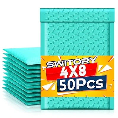 Imagen de Switory 50 sobres acolchados de 10,2 x 17,7 cm, a granel # 000, bolsas polimodiler, con forro burbujas, para envío, correo electrónico, color verde azulado