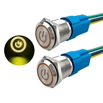 Imagen de Aiqeer 2 Piezas 16 mm Interruptores de Botón Autoblocante, 12V / 24V 5A Interruptor LED Amarillo, Pulsador Metálico Impermeable, con Enchufe Precableado